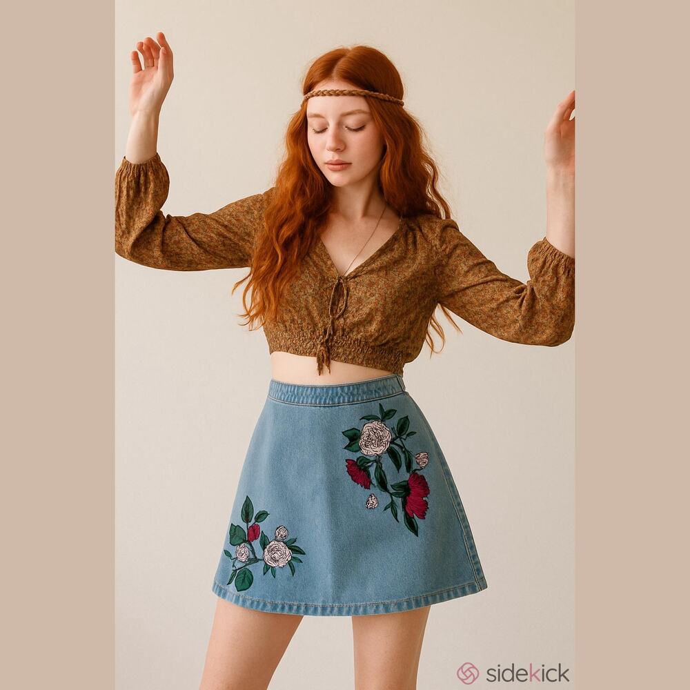 H&M colab Coachella coastal country denim mini skirt embroider floral boho Sz 4